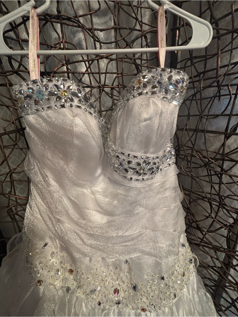 White Beaded Strapless Tulle Gown